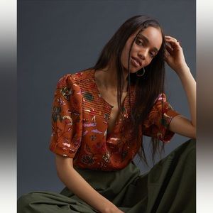 NWT Anthropologie Scotch & Soda Puffed Sleeve Blouse Orange Motif XS